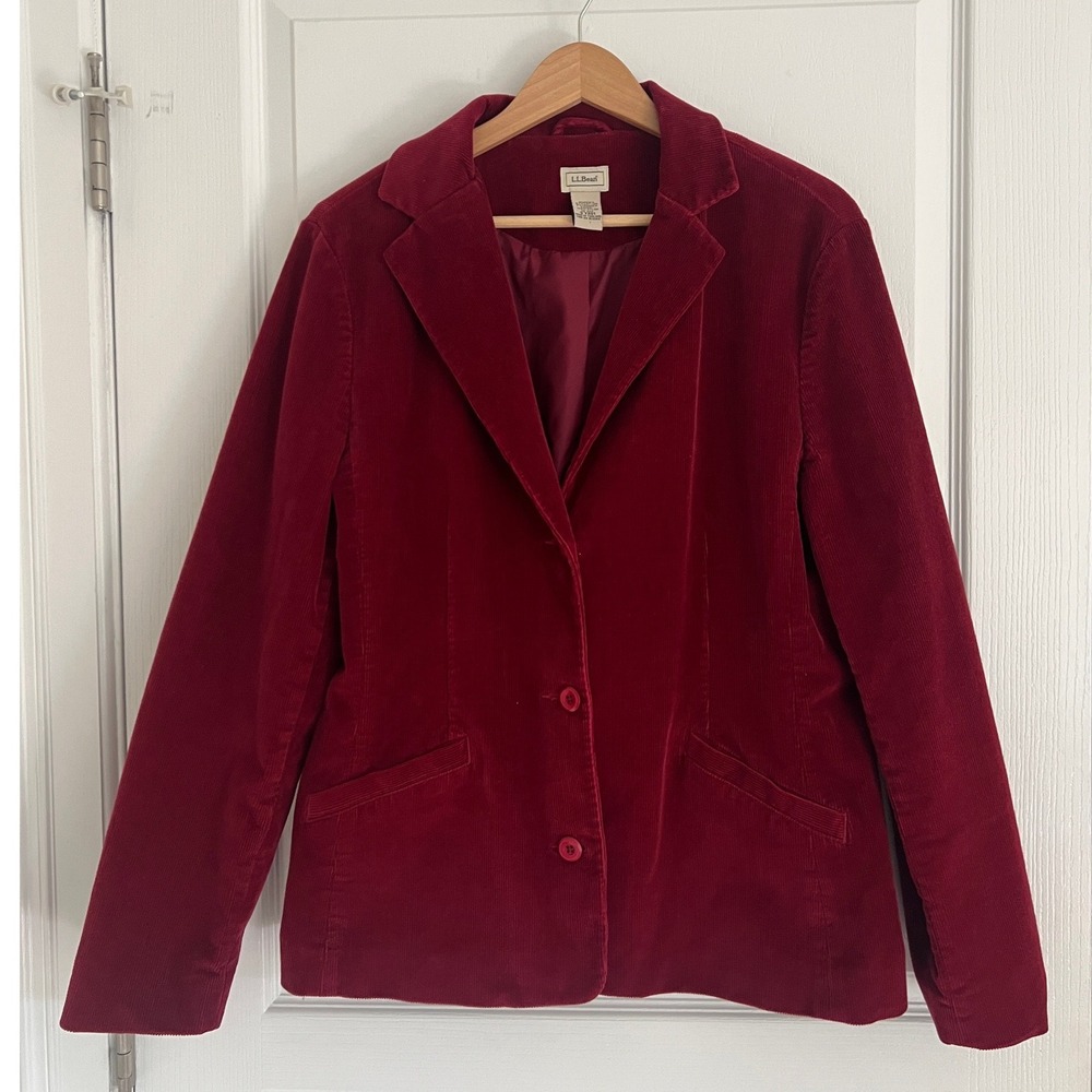 LL Bean Vintage Lined Corduroy Blazer Women Red Cotton Two Button Jacket Size 16